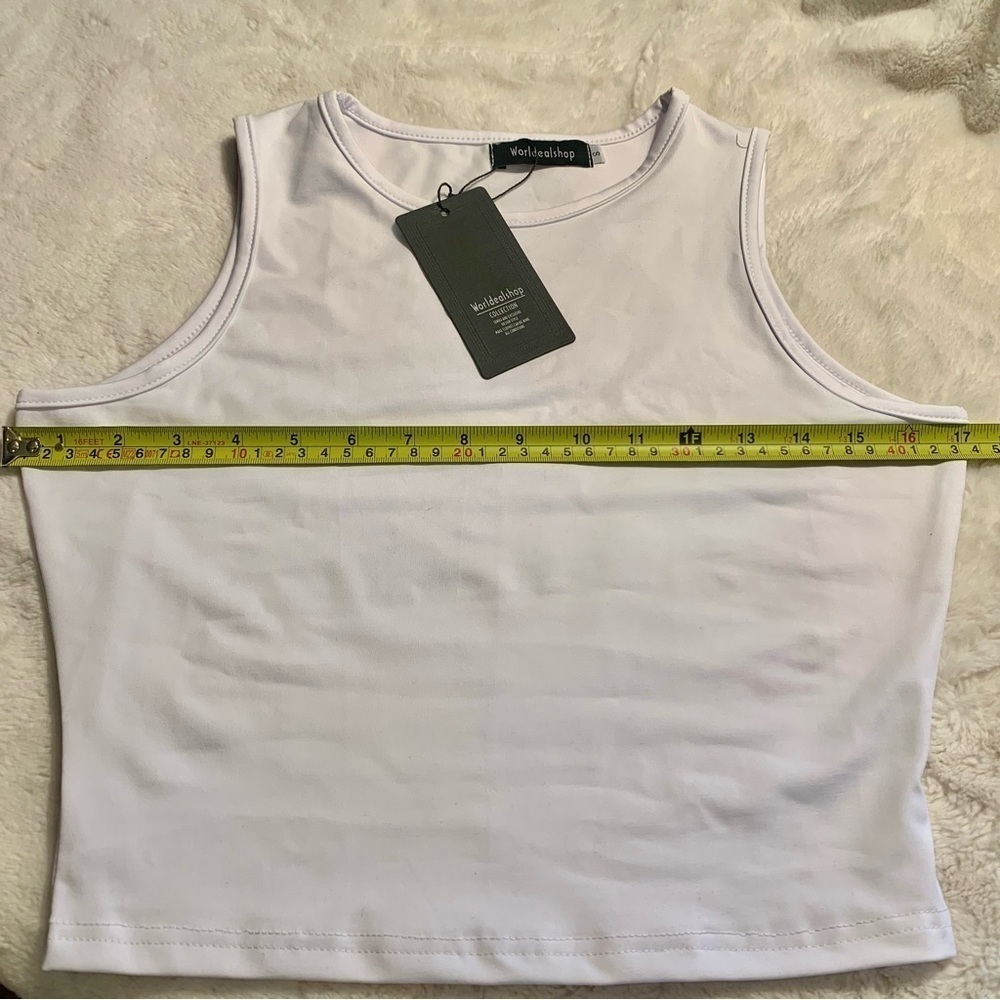 NWT Sleeveless Top Small Cropped Muscle Tee White Stretchy Spandex Worldealshop - Picture 10 of 12